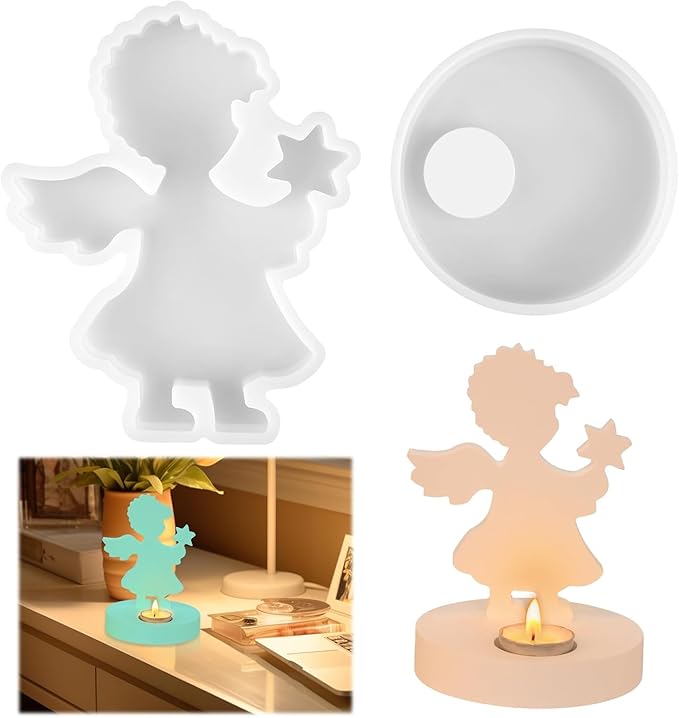 Silicone Mold, Boy Angels Holding Stars in Their Hands, Silicone Casting Molds with Base, Silicone Casting Mold Candle Holder for Soy Wax, Cement Gypsum Decorative Ornaments