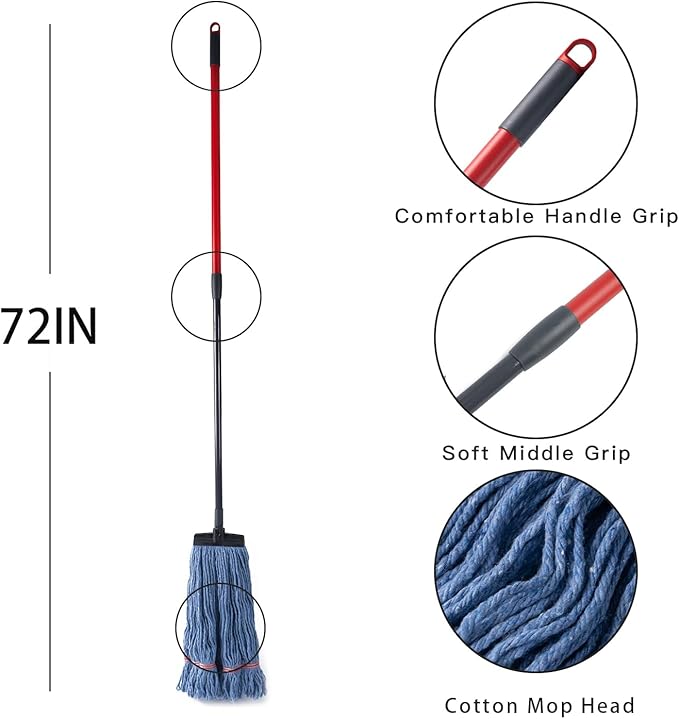 Matthew Commercial&Residential Mop Heavy Duty Industrial Mops with Screw-on Handle(Fit Standard American Screw) Looped-End String Wet Cotton Mops for Home,Office,Workshop - 2 Set&2 Mop Replacements