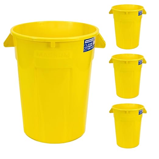 Magnum 32 Gallon Trash Can, High-Vis Yellow, Construction Grade, Heavy Duty Plastic, Jobsite Ready for Handling and Holding Garbage CMTC-C000-32Y04 (4 Pack)