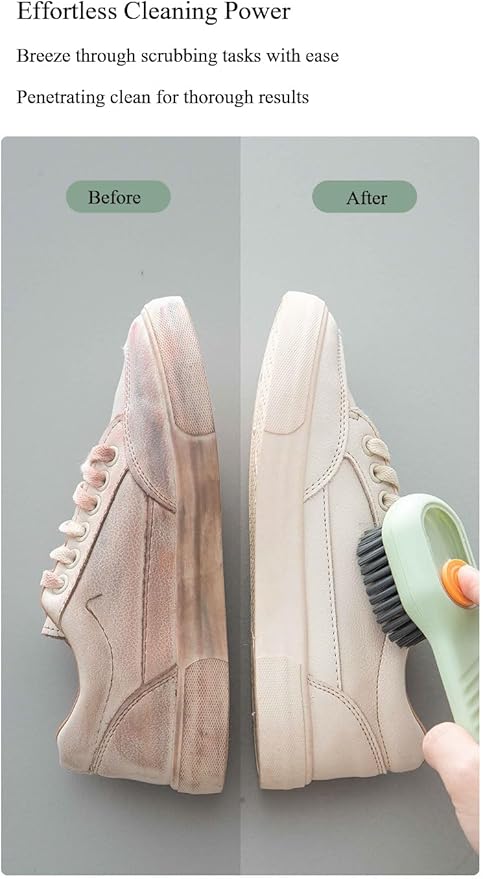2pcs Soap Dispenser Shoe Brushes,Sneaker Brushes,Multifunftional Shoe Brushes with Soap Dispenser, Long Handle Shoe Brush, Carpet and Kids Toys - Travel-Friendly Design (Green & Cream)