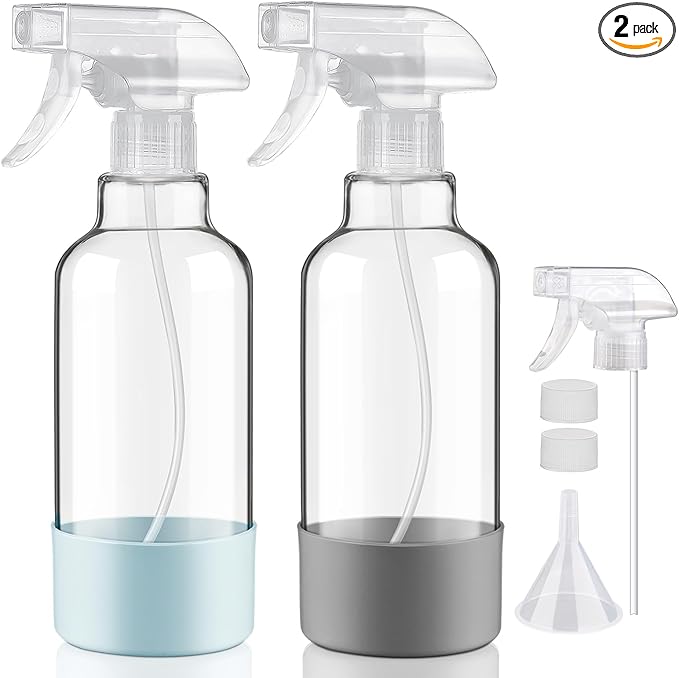 Glass Spray Bottles with Silicone Sleeve 16.9oz 2 Pack Empty Spray Bottle for Hair Mist/Stream Spraying for Cleaning Solutions, Plants, Essential Oils (clear-qblue&grey)