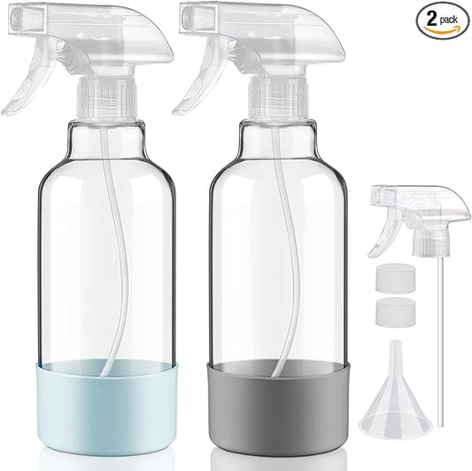 Glass Spray Bottles with Silicone Sleeve 16.9oz 2 Pack Empty Spray Bottle for Hair Mist/Stream Spraying for Cleaning Solutions, Plants, Essential Oils (clear-qblue&grey)
