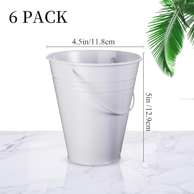 Sadnyy 6 Pack Galvanized Bucket, 5" Metal Bucket with Handles, Metal Buckets and Pails, Kids Party Supplies, Toy Container Table Centerpiece Decoration(White)