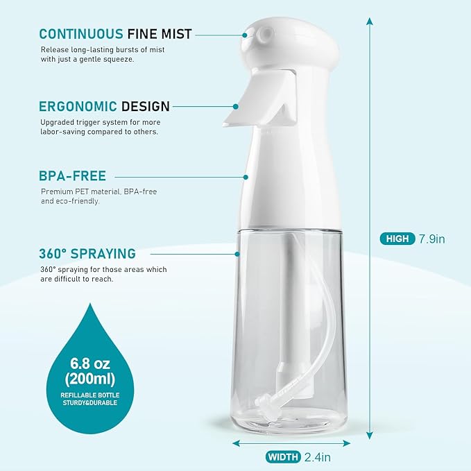 Spray Bottle For Hair, Continuous Mister Empty Spray Bottles, Ultra Fine Mist Water Sprayer for Hairstyling, Cleaning, Plants, Pets, Barbers, Salons, Essential Oil Scents - 2 Pack 6.8 OZ