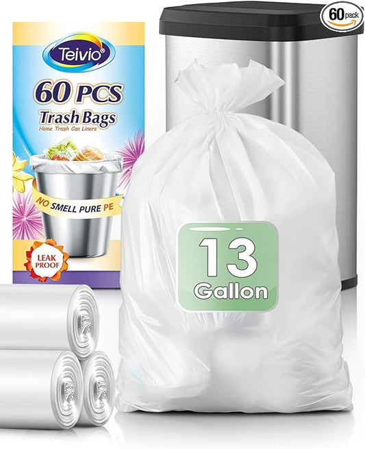 13 Gallon 60 Counts Strong Tall Kitchen Trash Bags Garbage Bags by Teivio,Bathroom Trash Can Bin Liners, Plastic Trash Bags for home office kitchen (Clear)