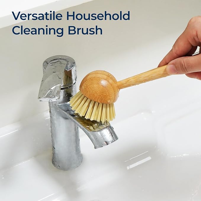2 Pack Dish Brush with Handle, Bamboo Dish Scrub Brush, Kitchen Brushes for Dishes, Scrubber, Pots, Pans, Sink, Dishwashing Cleaning Brush