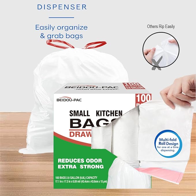 Trash Bags 2.6 Gallon Drawstring, 100 Count, Multifold Roll Garbage Bags, Small Kitchen Trash Bags, Odorless & Extra Thick White Plastic Food Scrap Bag for Home Office Bathroom Kitchen Bins