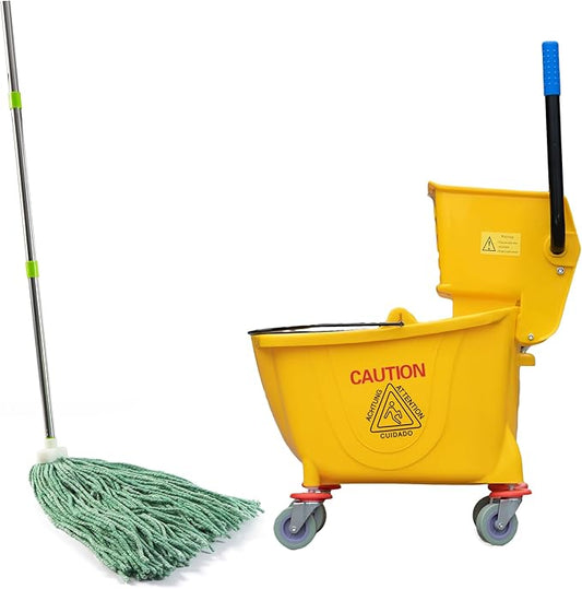 Matthew Cleaning 34 Quart Commercial Mop Bucket INCL.Wet String Mop with Side Press Wringer On Wheels,Heavy Duty Tandem Portable Floor Cleaning Wavebrake,Ideal for Household,Industrial,Restaurant
