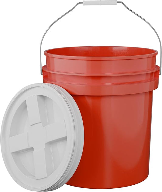 5-Gallon Red Bucket Pail with Gamma Seal Screw on Airtight Lid, Metal Handles with Plastic Grip for Easy Carrying, Easy Stack and Store, Heavy-Duty 90MIL Extra Durable, Food Grade, BPA Free - 1 Pack
