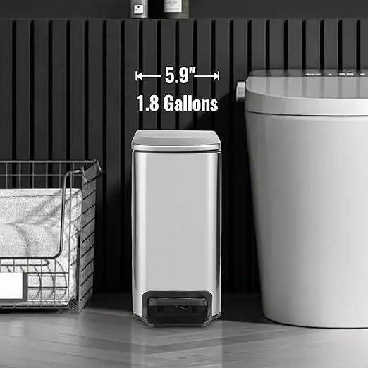 ELPHECO Small Bathroom Trash Can with Lid Soft Close 1.8 Gallon / 6.8 Liter Stainless Steel Garbage Can Slim Step Wastebasket for Bathroom, Office, Bedroom, Silver