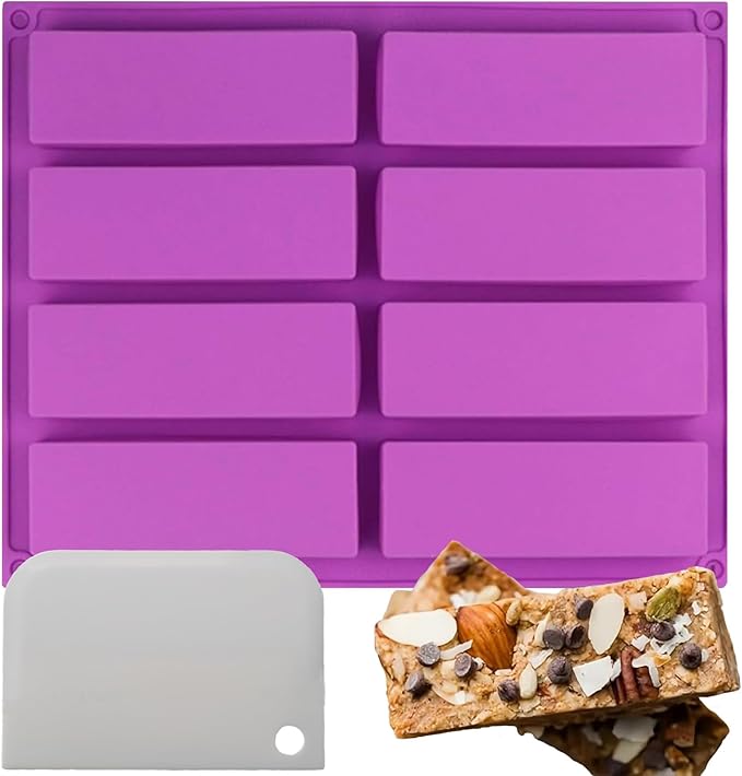 Rectangle Granola Bar Silicone Molds（8 Cavity），1 Inch Deep Chocolate Bar Baking Mold For Food，Homemade Snacks Cereal Protein Energy/Candy Bar - Set of 1
