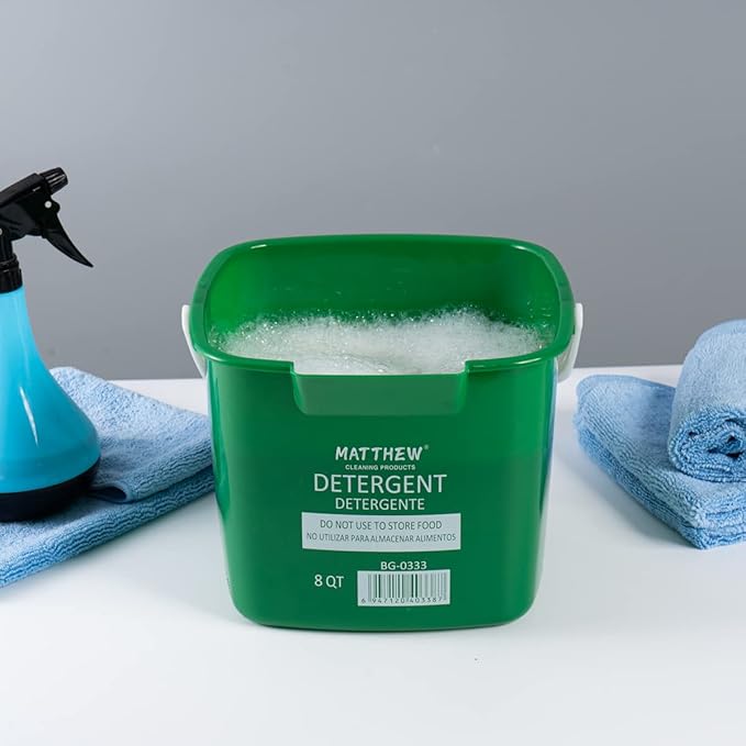 Matthew Detergent&Sanitizing Cleaning Bucket 8 Quart Plastic Pail,Set of 12 Square Containers,Built-in Spout w/Handle,Wash Rinse Sanitize Handwash Bucket for Home Office Commercial Restaurant (Green)