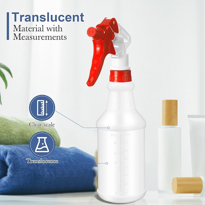 Zubebe 24 Pack 32 oz Plastic Spray Bottle Bulk Empty Leakproof Heavy Duty Spray Bottles for Cleaning Supplies Mist Bottles with Label and Adjustable Nozzle for Plant(Red and White,Clear Scale)