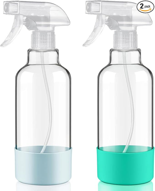 Glass Spray Bottles with Silicone Sleeve 16.9oz 2 Pack Empty Spray Bottle for Hair Mist/Stream Spraying for Cleaning Solutions, Plants, Essential Oils (clear-qblue&green)