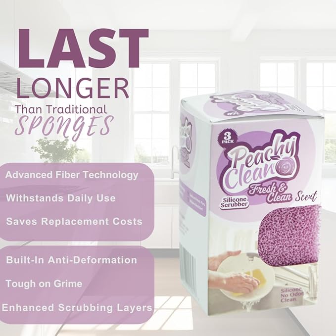 Peachy Clean Silicone Dish Sponge Scrubbers, Fresh & Clean Scent, Non-Scratch, Odor-Resistant, Durable Dish Sponges for Kitchen