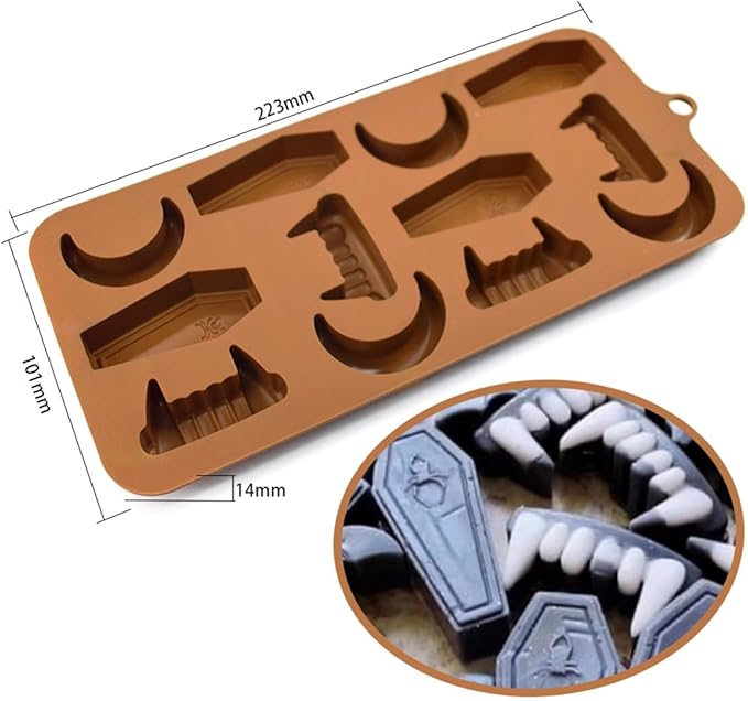 mostsom Halloween Chocolate Candy Silicone Mold Vampire Teeth RIP Gravestone Moon Shape Gummy Fondant Baking Mold for DIY Cupcake Topper Decorating (D_ 8.92x4.04x0.56 inch)