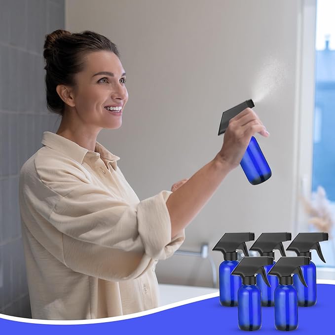 Fumete 20 Pcs 4 oz Glass Spray Bottles Empty Refillable Sprayer Containers with Funnels Labels Black Trigger Sprayers Spray Bottles for Essential Oil DIY Kitchen Hair Plants(Blue)