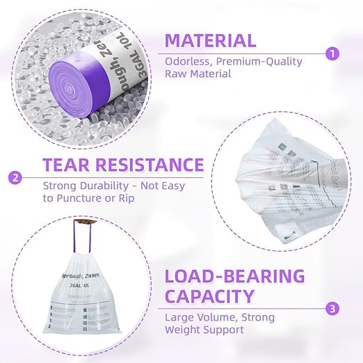 OKKEAI (2.6 Gallon) 3 Gallon Small Trash Bags with Drawstring, 64 Count Printed Bathroom Garbage Bags – Leak-Proof Tear-Resistant Wastebasket Liners for Bathroom, Kitchen, Office