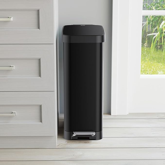 Glad Slim Trash Can with Clorox Odor Protection - Narrow Kitchen Garbage Bin with Soft Close Lid, Step On Foot Pedal and Waste Bag Roll Holder, Black, 45 Liter