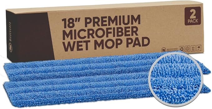 Microfiber Wholesale 18" Absorbent Microfiber Wet Mop Pad - Reusable, Machine Washable, Refills (2 Pack)