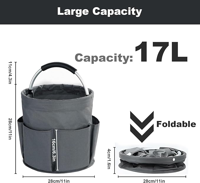 Cleaning Caddy with Handle, Cleaning Products Organiser, 17L Foldable Storage Basket, Cleaning Caddy Organiser, Portable Multi Cleaning Bucket Bag for Home, Garden (Dark Grey)