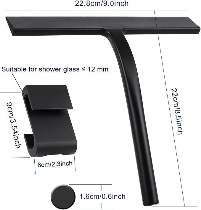Shower Squeegee,Matte Black 9-inch,Stainless Steel Core. Streak-Free Cleaning, No Squeak Noises,Silicone Rubber Squeegees for Shower Glass Door, Shower Cleaner,Glass Wiper