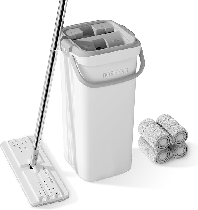 Mop and Bucket Set, Flat Mops for Floor Cleaning, Wall Mop with 60" Extensible Handle, Hardwood Floor Mop with 4 Microfiber Pads