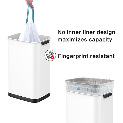 13 Gallon Stainless Steel Touchless Sensor Trash Can with, Wide Rectangular Design, Brushed Finish – Automatic Lid for Home, Office, Kitchen, Bathroom, and Commercial Use (White)