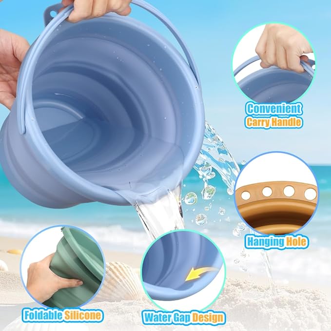 3PCS Foldable Beach Bucket Sandbox Kit Toys for Kid Adult, Collapsible Small Bucket for Washing Camping Fishing, Silicone Sand Pail for Garden Planting, Travel, Beach Summer Toy Gift for Boy Girl