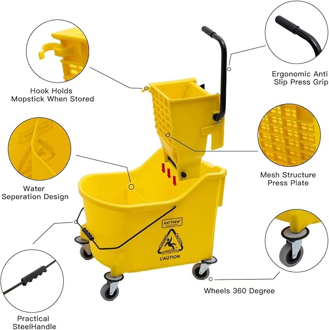 Matthew Cleaning 44Quart Commercial Mop Bucket INCL.Wet String Mop& 19'' Industrial Wet Floor Sign with Side Press Wringer On Wheels,Tandem Portable Floor Cleaning Wavebrake,Ideal for Household