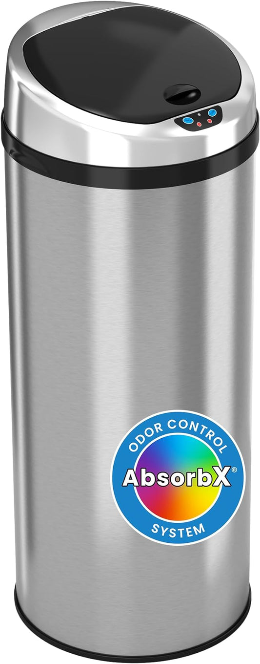iTouchless 13 Gallon Sensor Garbage Can with Odor Control System, Stainless Steel, Round Touchless Automatic Trash Bin for Kitchen and Office