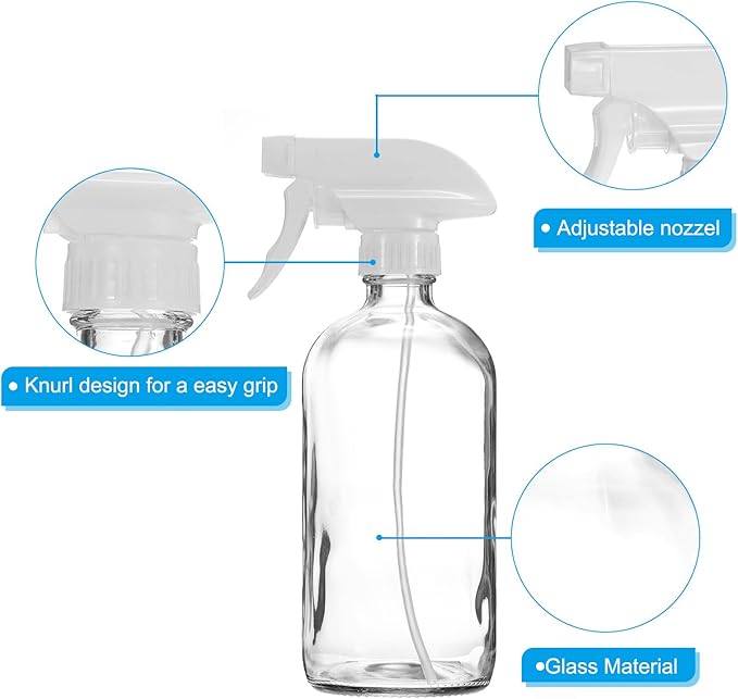 PATIKIL 16oz Glass Spray Bottles, 2pcs Nozzle Leak Proof Empty Water Mist Stream Sprayer with Silicone Sleeve for Cleaning Solutions Plants Hair, White Clear