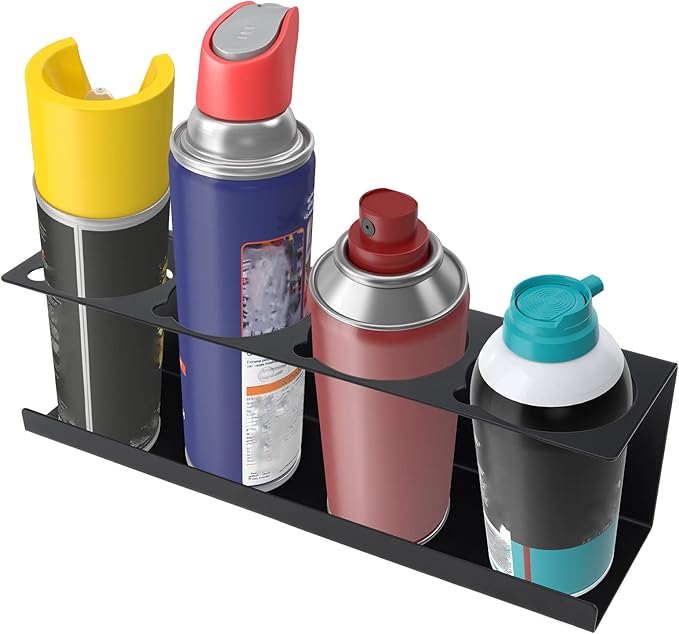RealPlus Aerosol Spray Can Holder Rack Organizer, 4 Can Spray Bottle Holder Heavy-Duty Steel Wall Mounted for Garage and Workspace, Pack of 2
