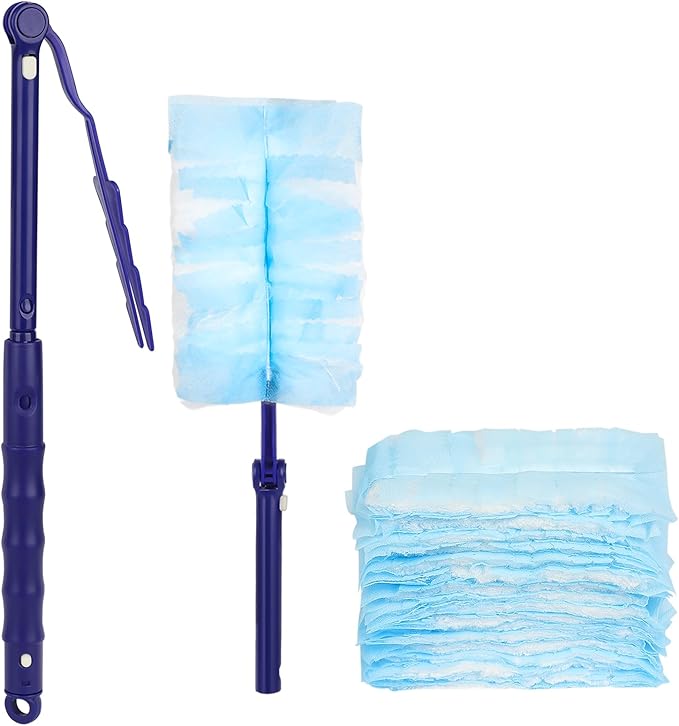 JEBBLAS Disposable Blue Duster Including 1 Long Handle, 1 Short Handle and 20 Duster Refills, Electrostatic Duster Kit, Heavy Duty Extender Handle Starter Kit