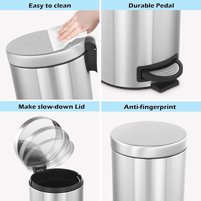 Trash Can with Lid 2PC - 5Liter/1.3 Gallon Stainless Steel Trash Can with Odor Protection Kitchen Garbage cans with Soft-Close Foot Pedal for Bathroom Home Office(2pc)