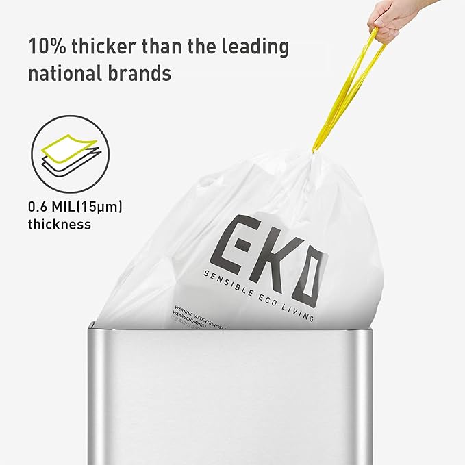 EKO 4 Gallon / 10-15 Liter, 80 Count Small Drawstring Trash Bags, Extra-Strong Unscented Garbage Bags, Easy-Dispense Roll for Kitchen & Household Use, Resists Tears, Leaks and Punctures, Code C, White