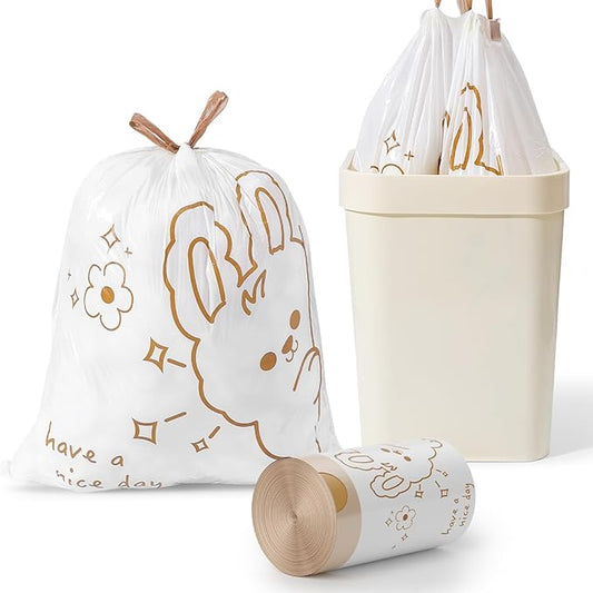 4 Gallon Trash Bags with Cute Rabbit Printed & Drawstring, Tear-Resistant Small Bathroom Garbage Bags, Heavy-Duty Trash Can Liners for Home/Office, 60 Counts