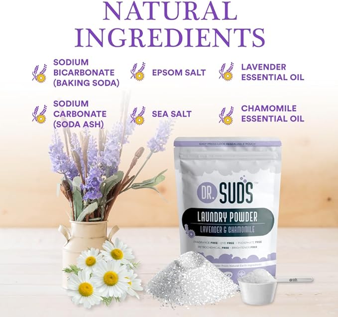 Dr Suds Natural Laundry Detergent Powder 4 Lbs 100+ Loads Skin Friendly with Lavender Chamomile Made with Natural Earth Minerals Made in USA