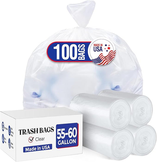 Delxo 55-60 Gallon Clear Trash Bags, 100 Count – 0.9 Mil Medium Duty Garbage Bags, Thick, Durable & Puncture-Resistant Plastic, Perforated Design – Made in USA for Kitchen, Yard, Office & Party