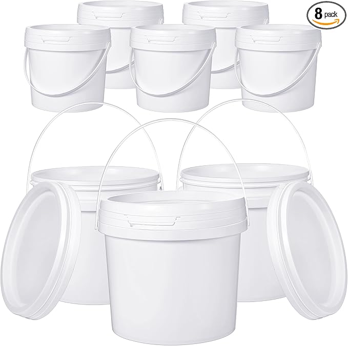 Leinuosen 8 Pcs Plastic Bucket with Handle and Lid Durable Heavy Duty Food Safe Bucket Pail Container for Multipurpose Storage Paint Art Crafts Projects, BPA Free(1 Gallon,White)