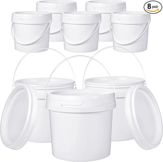 Leinuosen 8 Pcs Plastic Bucket with Handle and Lid Durable Heavy Duty Food Safe Bucket Pail Container for Multipurpose Storage Paint Art Crafts Projects, BPA Free(1 Gallon,White)