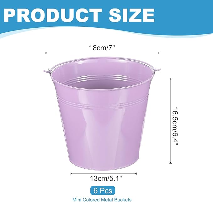 PATIKIL 7"x6.4" Small Metal Buckets with Handle, 6 Pcs Mini Galvanized Bucket Colorful Easter Buckets for Crafts Party Favors Decoration, Light Purple
