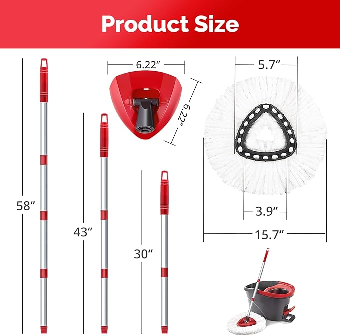 Spin Mop Head, Base, Handle Replacement for O-Ceda EasyWring 1 Tank System,4 Microfiber Mop Refills, 1 Base and 30-58in Handl Set Combo (White 1 Tank System)