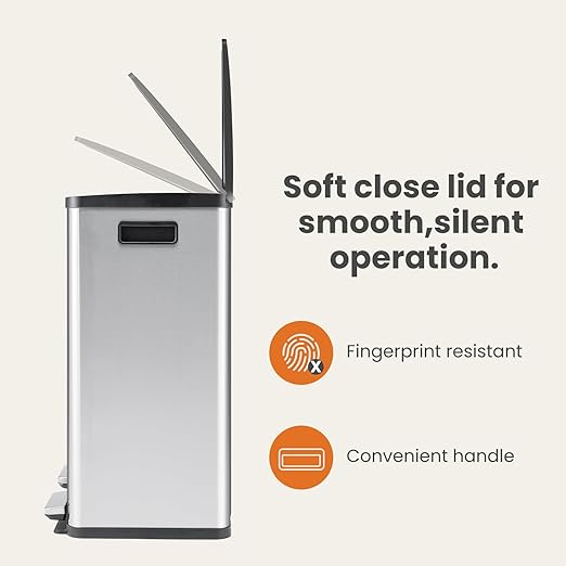 Elevon Kitchen Trash Can with Lid, 2 x 8 Gallon Garbage Can, with Soft-Close Foot Pedal and Removable Inner Bucket, 60 Liter Large Stainless Waste Bin for Bathroom Bedroom Home Office