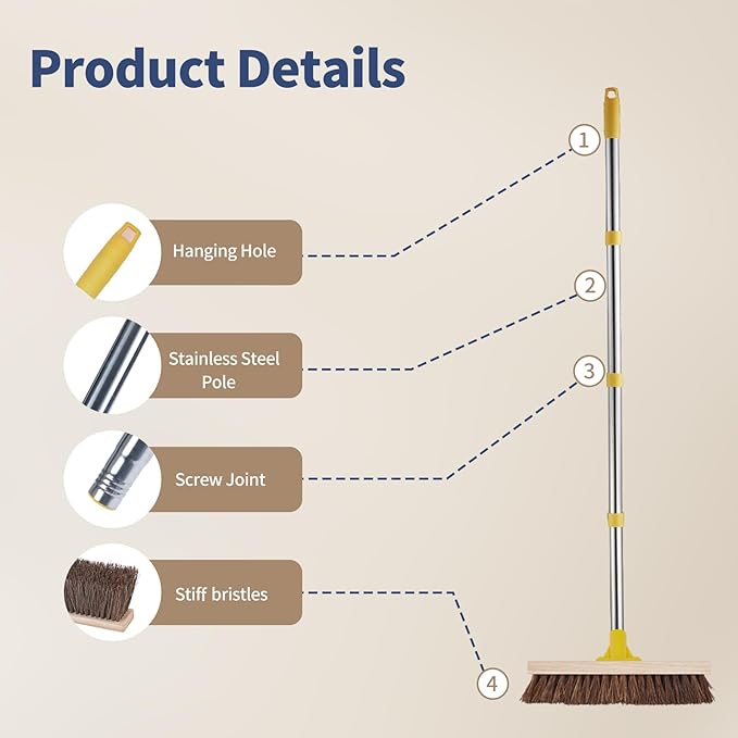Floor Scrub Brush with Long Handle - 60" Heavy Duty Deck Brush with Stiff Natural Palmyra Bristle for Scrubbing, Outdoor Scrubber Brushes for Cleaning Concrete Floor, Garden, Patio, Shower