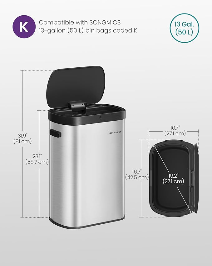 SONGMICS Motion Sensor Trash Can, 13-Gallon (50 L) Automatic Garbage Can with Soft Close Lid, Stainless Steel, Wave or Touch to Open, Includes 15 Bags, Metallic Silver and Ink Black ULTB640E01