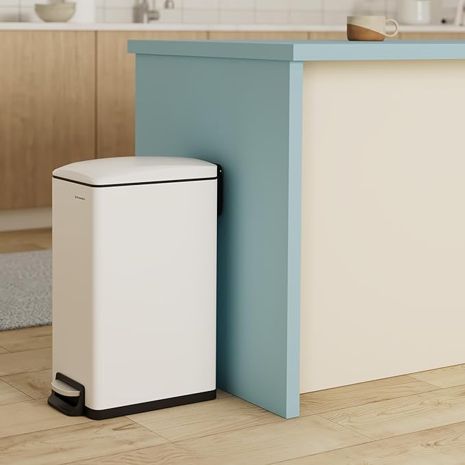 SONGMICS Slim Trash Can, 13-Gallon (50 L) Garbage Can for Narrow Spaces with Soft-Close Lid, Inner Bucket, and Step-on Pedal, Stainless Steel, 15 Trash Bags Included, White ULTB510W48