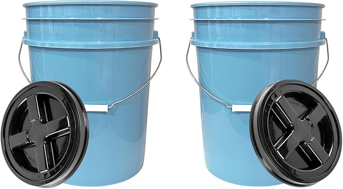House Naturals 5 Gallon Food Grade BPA Free Bucket Light Blue Pail with Black Double Gasket Screw on Lid (Pack of 2)