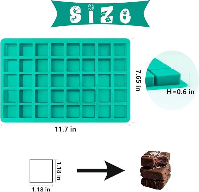 Sakolla Square Chocolate Mold, 40 Cavities Silicone Cube Mold for Chocolate, Candy, Caramel, Ice Cubes, Ganache, Gummy