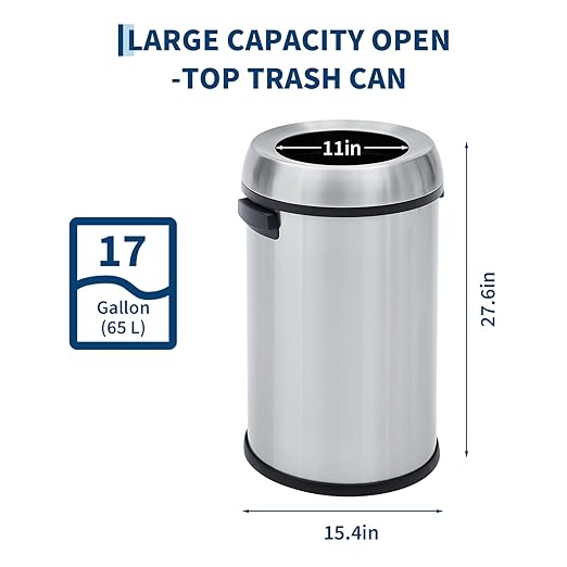 Garvee 17 Gallon/65 Liter Trash Can, Fingerprint-Proof Stainless Steel Open Top Garbage Can, Heavy Duty Commercial Round Trash Bin for Restaurant, Home, Office, Silver
